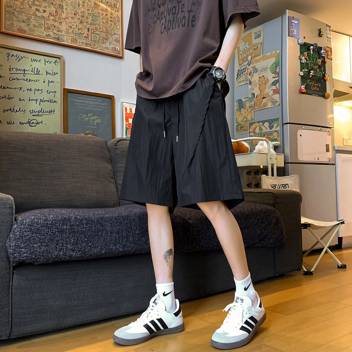 零氏 美式纯色垂感运动宽松百搭舒适潮流五分休闲短裤 男女同款