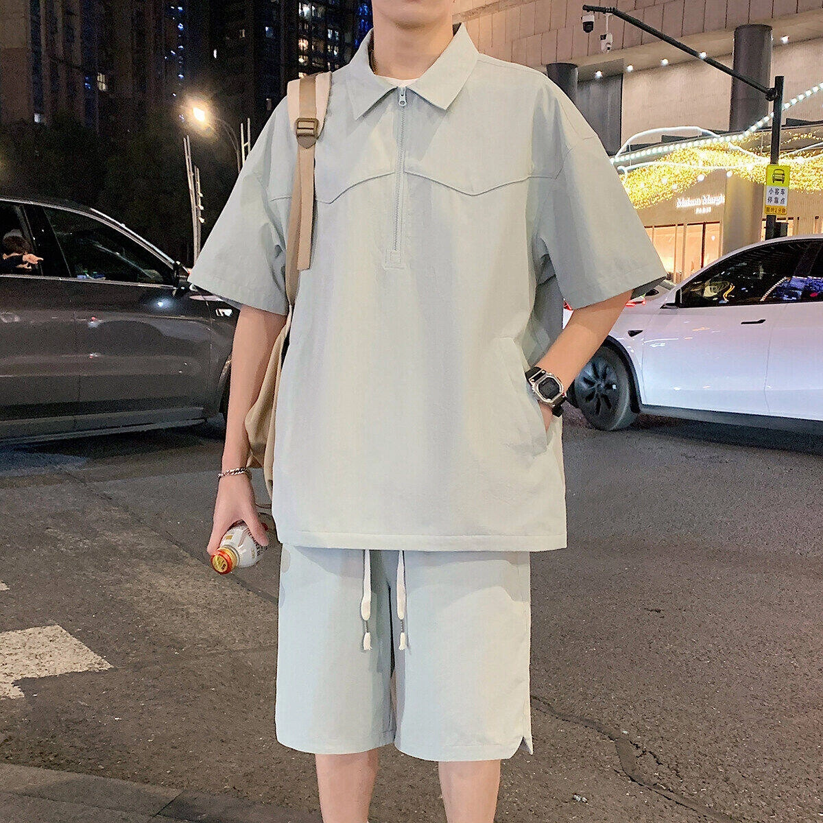 零氏 美式翻领半拉链速干冰感套头短袖上衣潮牌青春无性别主义宽松直筒透气百搭通勤短裤衬衫套装 男女同款
