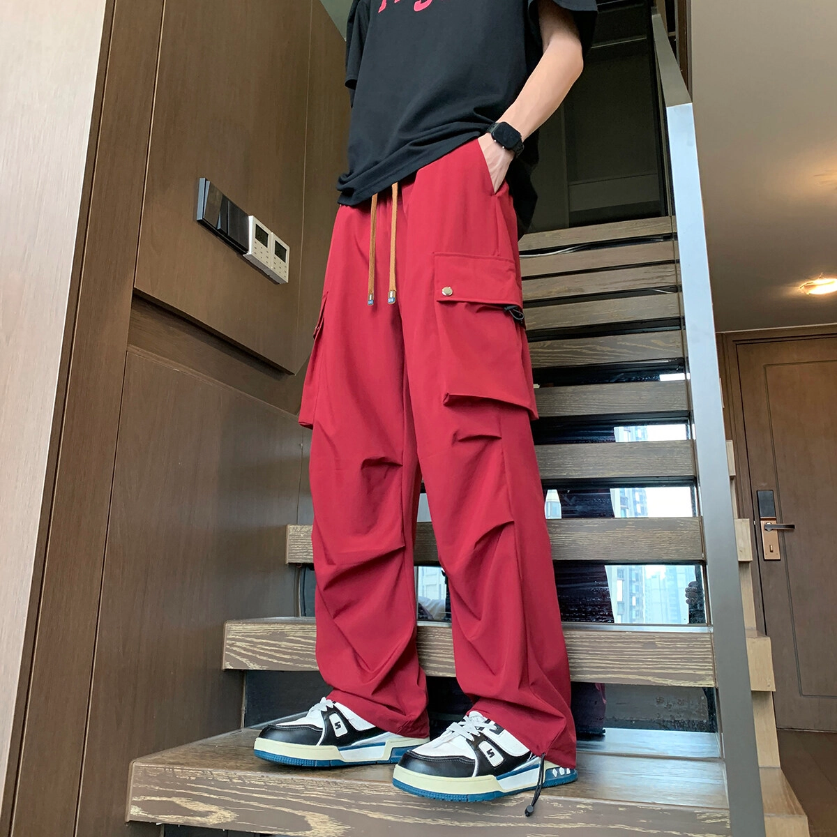 零氏 美式复古基础款冰丝凉感高街纯色简约出行褶皱裤子户外机能风大口袋松紧系带降落伞裤显瘦宽松阔腿直筒工装休闲裤 男女同款