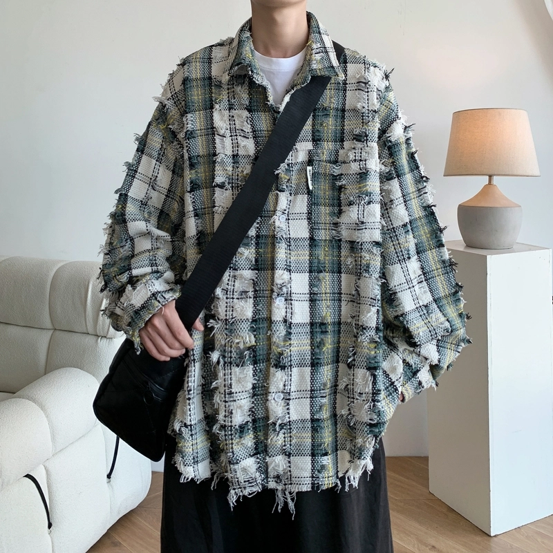 零氏 格纹毛边设计感潮牌美式休闲宽松长袖衬衫 男女同款