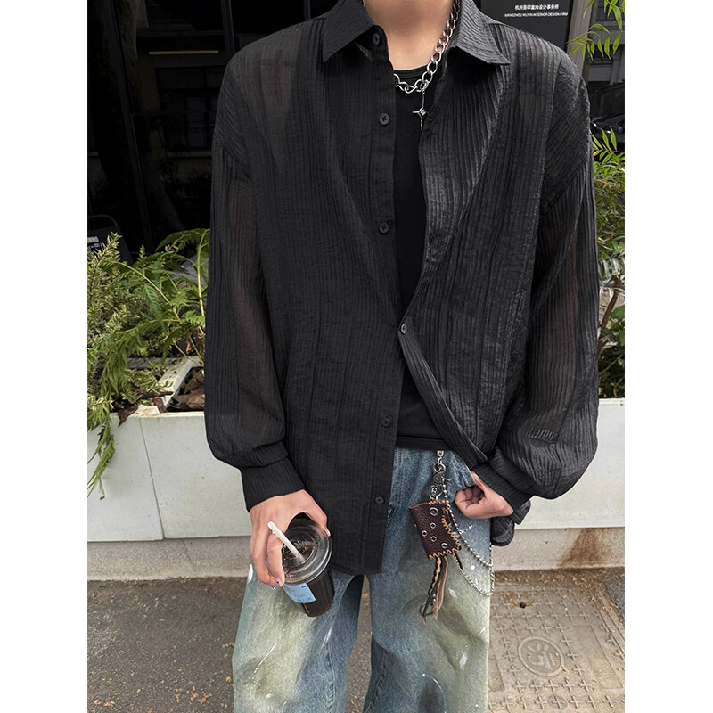 零氏 水墨印花薄款透气纯棉衬衣新中式翻领设计休闲衣服夏威夷风海边度假沙滩帅气翻领扎染上衣长袖衬衫 男女同款