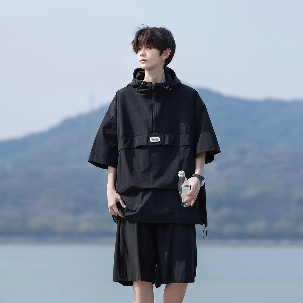 零氏 美式高街连帽设计感宽松大码薄款短袖衬衫上衣青春时尚潮流个性简约高级感痞帅气舒适五分休闲运动套装 男女同款