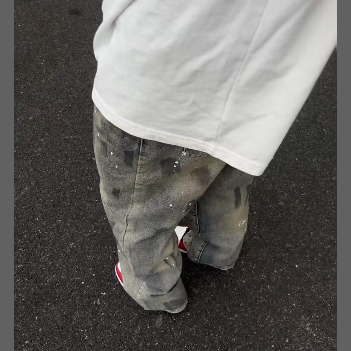 零氏 美式复古水洗做旧高街扎染泼墨设计个性基础款舒适亲肤透气宽松百搭直筒阔腿牛仔裤 男女同款