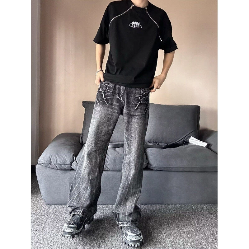 零氏 美式复古闪电裂纹设计高街小众水洗做旧显高显瘦百搭休闲宽松直筒裤子微喇牛仔裤 男女同款