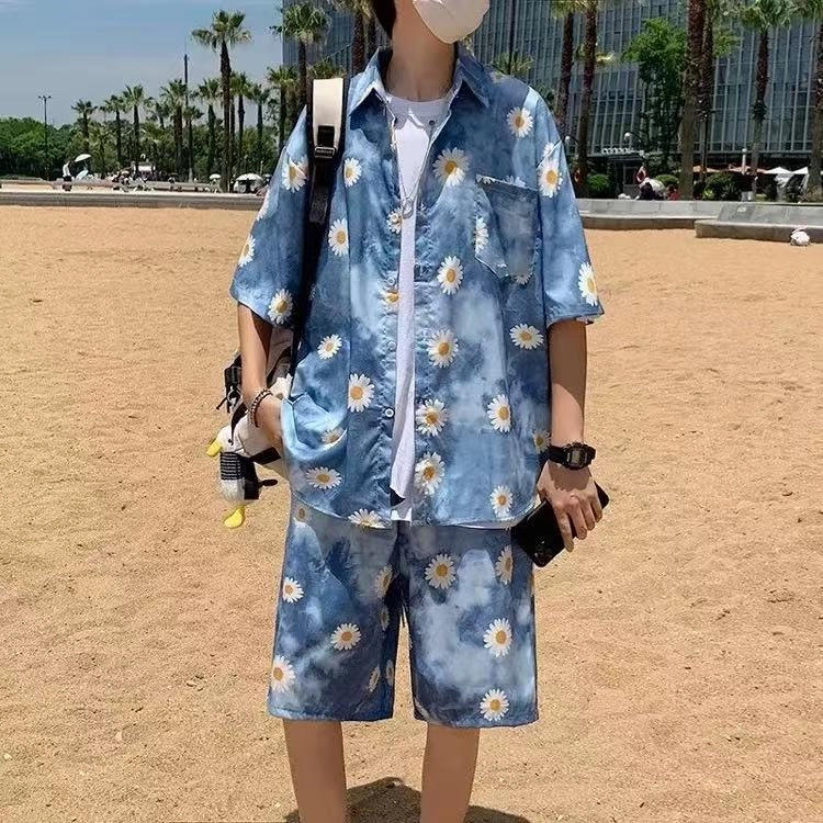 零氏 潮牌复古满印宽松排扣短袖百搭休闲海边沙滩五分短裤衬衫套装 男女同款