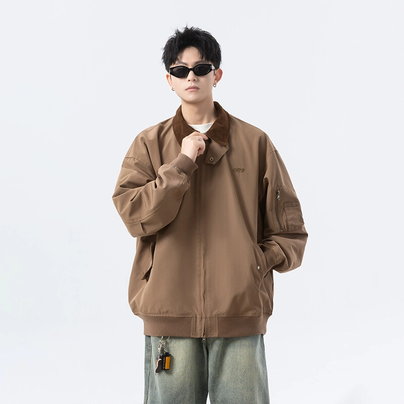 零氏 美式复古简约潮流撞色翻领基础款拼接户外运动休闲百搭落肩袖长袖夹克外套 男女同款