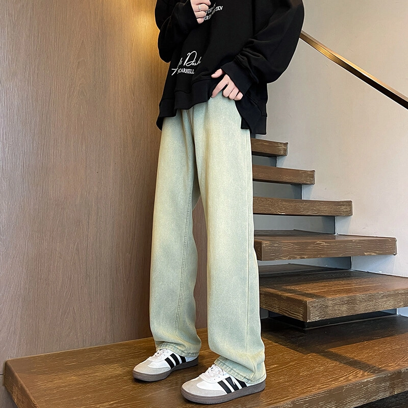 零氏 美式复古潮流水洗做旧简约基础款长裤高街潮牌宽松百搭舒适休闲微喇直筒阔腿牛仔裤 男女同款