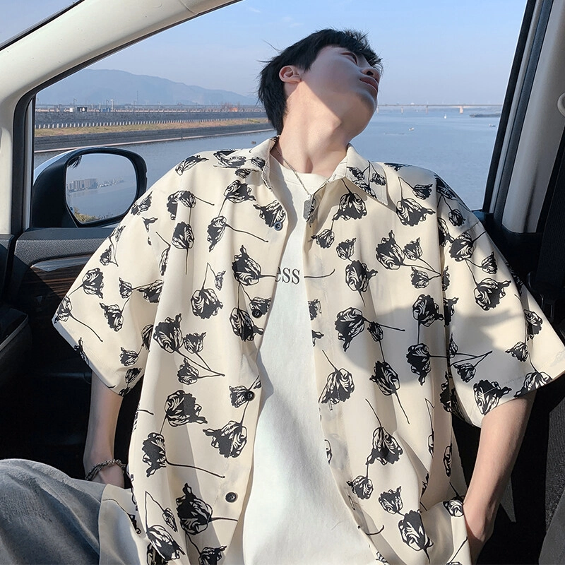 零氏 美式复古玫瑰满印宽松翻领冰感顺滑简约冰丝凉感垂感宽松高街简约衫衬衫 男女同款