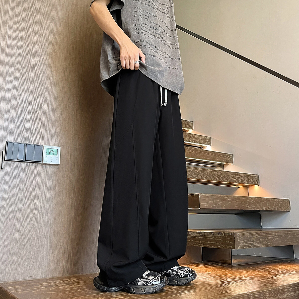 零氏 纯色基础款垂感阔腿宽松抽绳拖地冰丝休闲裤 男女同款
