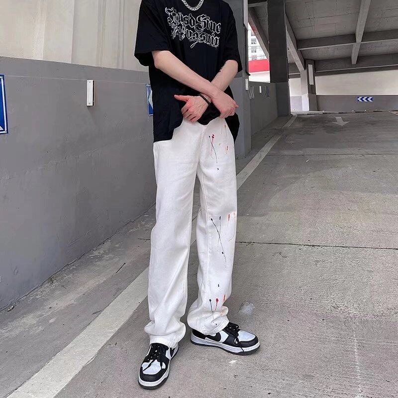 零氏 美式复古高街潮流泼墨设计宽松百搭时尚长裤垂感休闲直筒牛仔裤 男女同款