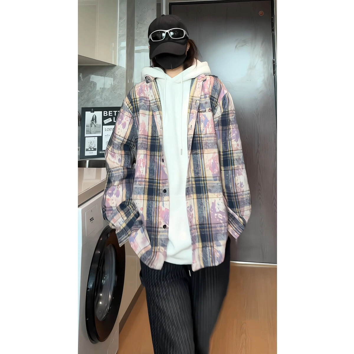 零氏 格子渐变扎染字母刺绣宽松大码翻领单排扣 长袖衬衫 男女同款