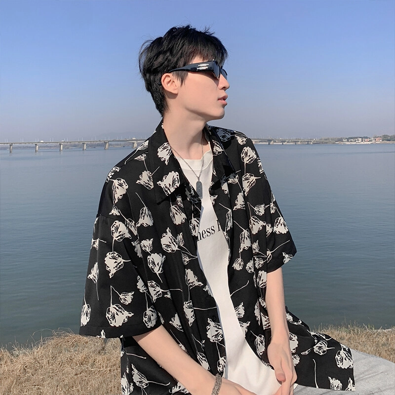 零氏 美式复古玫瑰满印宽松翻领冰感顺滑简约冰丝凉感垂感宽松高街简约衫衬衫 男女同款