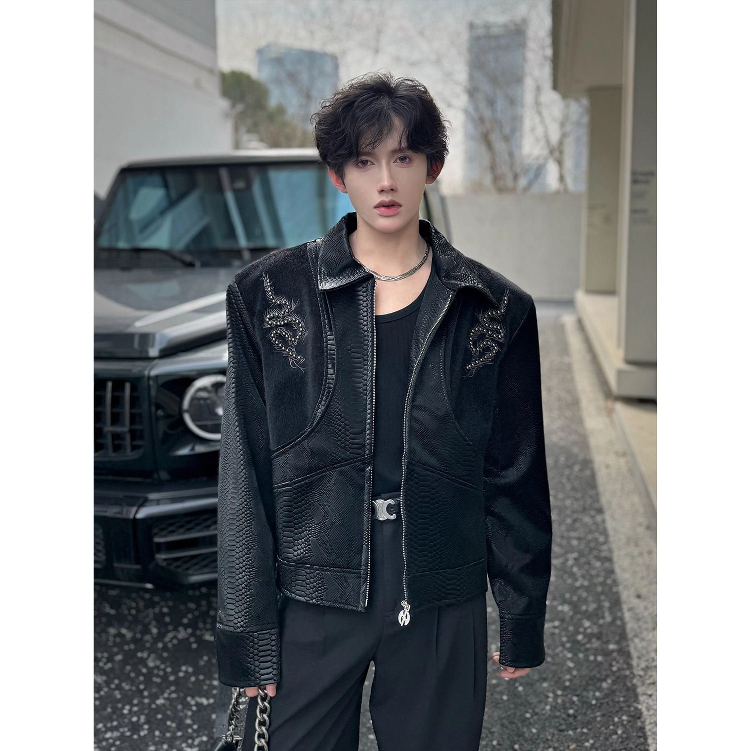 零氏 美式高街小众钉珠刺绣蟒蛇设计感皮衣个性休闲百搭宽松潮牌短款长袖外套夹克 男女同款