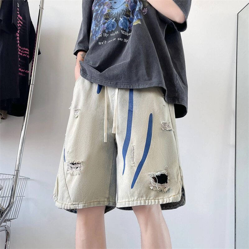 零氏 美式复古夏季高街潮流破洞多元素彩纹设计感水洗做旧休闲百搭时尚基础直筒五分牛仔短裤 男女同款