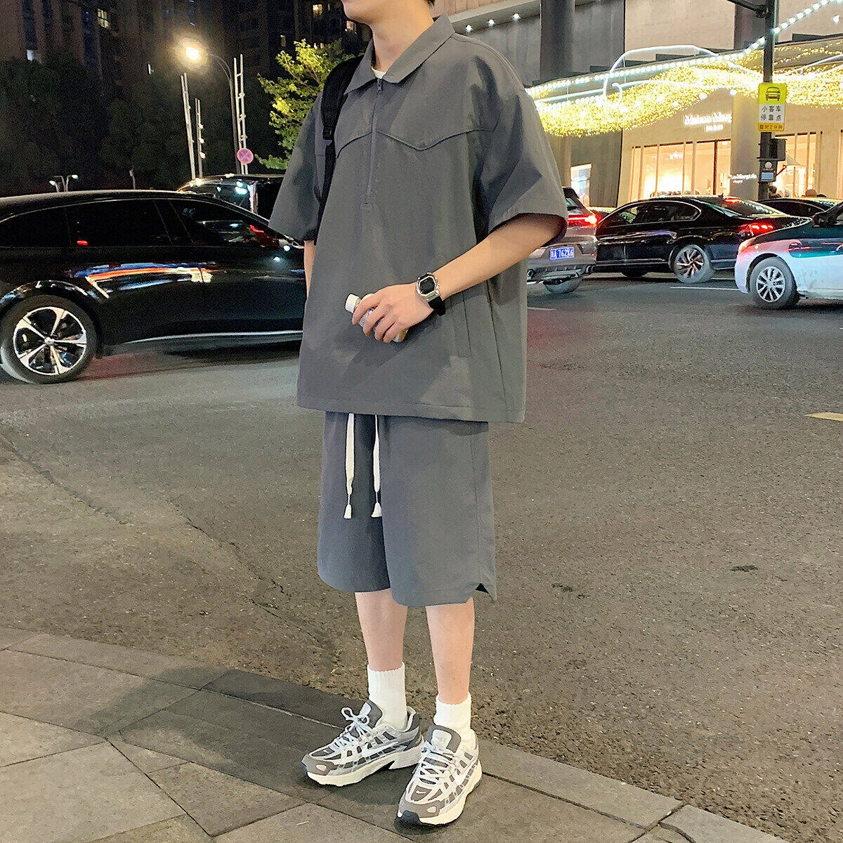 零氏 美式翻领半拉链速干冰感套头短袖上衣潮牌青春无性别主义宽松直筒透气百搭通勤短裤衬衫套装 男女同款