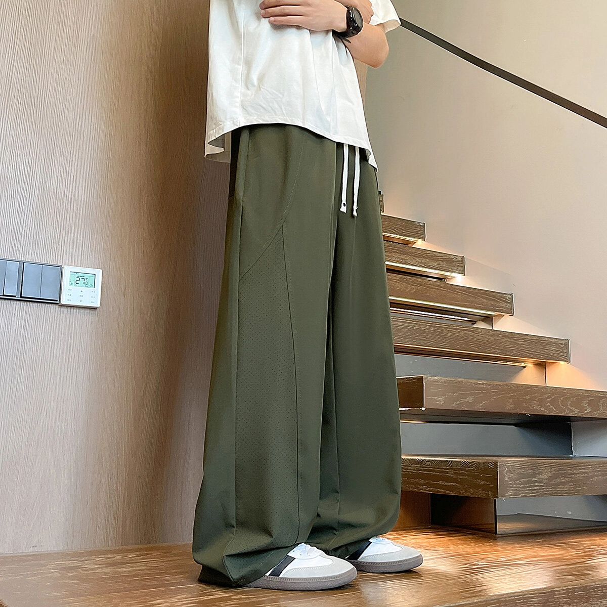 零氏 纯色基础款垂感阔腿宽松抽绳拖地冰丝休闲裤 男女同款