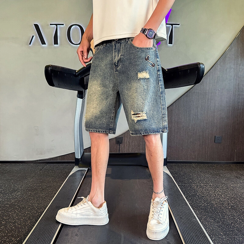 零氏 夏季潮流破洞设计时尚宽松百搭基础经典潮牌休闲薄款中裤五分牛仔短裤 男女同款
