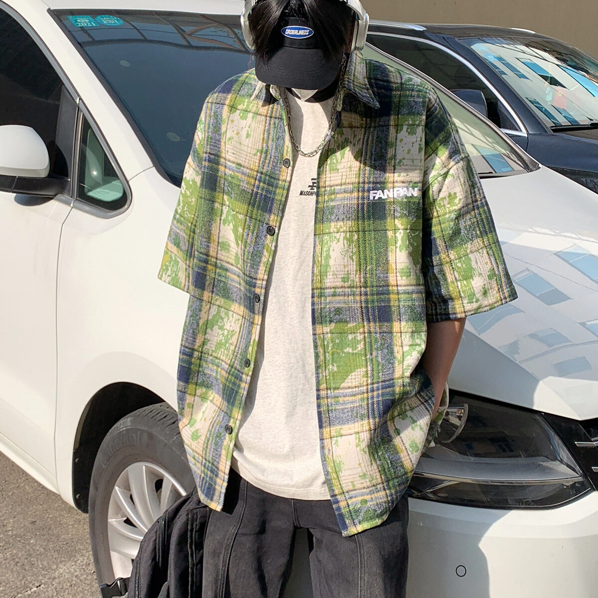 零氏 美式复古扎染刺绣格子薄款宽松休闲高级感痞帅短袖衬衫 男女同款