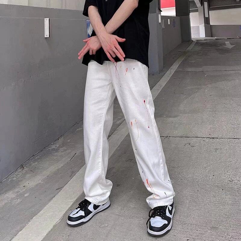 零氏 美式复古高街潮流泼墨设计宽松百搭时尚长裤垂感休闲直筒牛仔裤 男女同款
