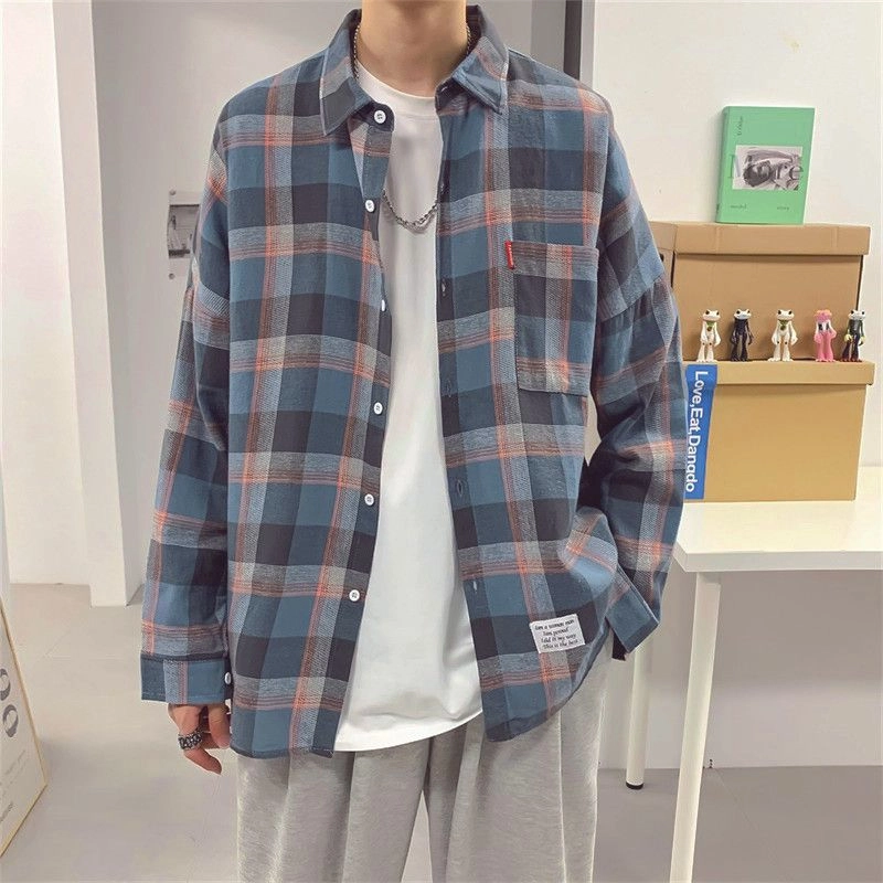 玉儿恋 翻领格子宽松薄款韩版长袖衬衫 男款