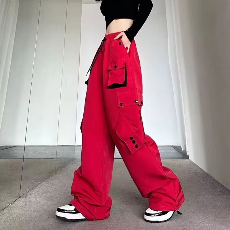 玉儿恋 美式纯色系带高腰宽松口袋工装裤 女款