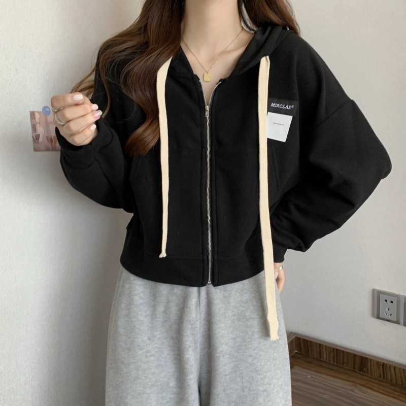 玉儿恋 纯色连帽落肩开衫薄款宽松拉链长袖卫衣 女款