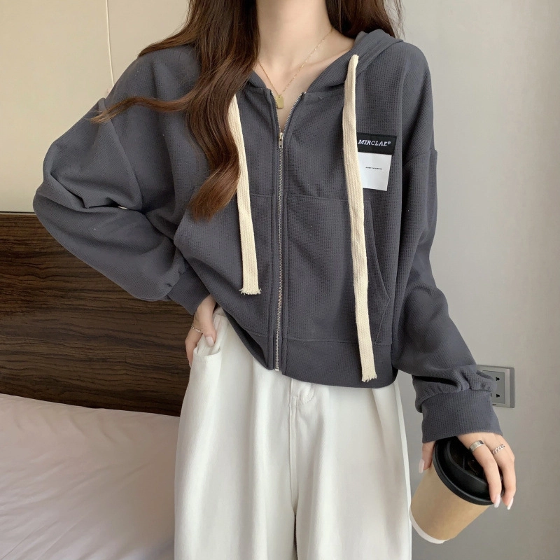 玉儿恋 纯色连帽落肩开衫薄款宽松拉链长袖卫衣 女款