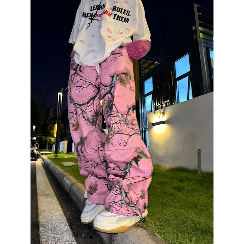 玉儿恋 美式复古树枝涂鸦休闲宽松迷彩印花直筒工装裤 男款 粉红色