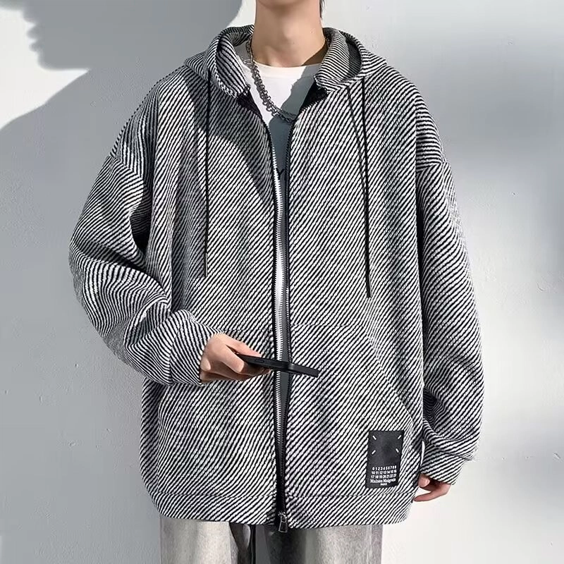 玉儿恋 学院风纯色连帽落肩条纹宽松休闲运动长袖夹克外套 男款 黑色