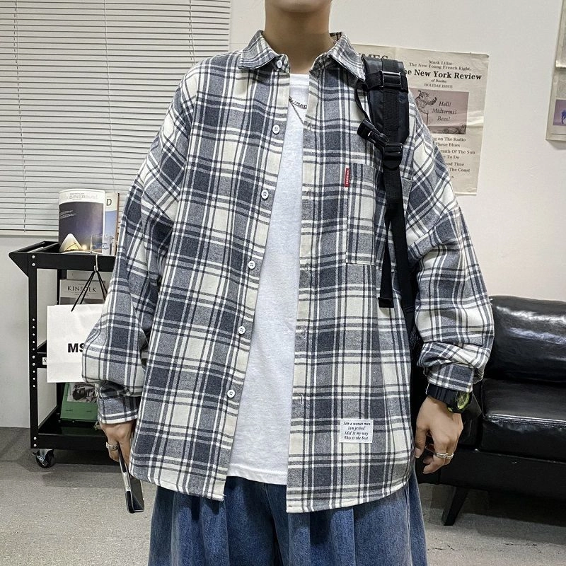 玉儿恋 翻领格子宽松薄款韩版长袖衬衫 男款