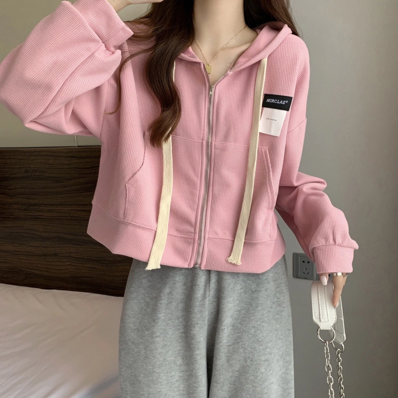 玉儿恋 纯色连帽落肩开衫薄款宽松拉链长袖卫衣 女款