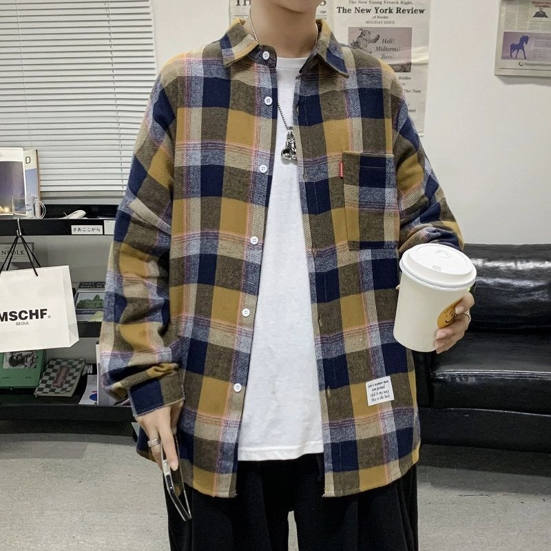玉儿恋 翻领格子宽松薄款韩版长袖衬衫 男款