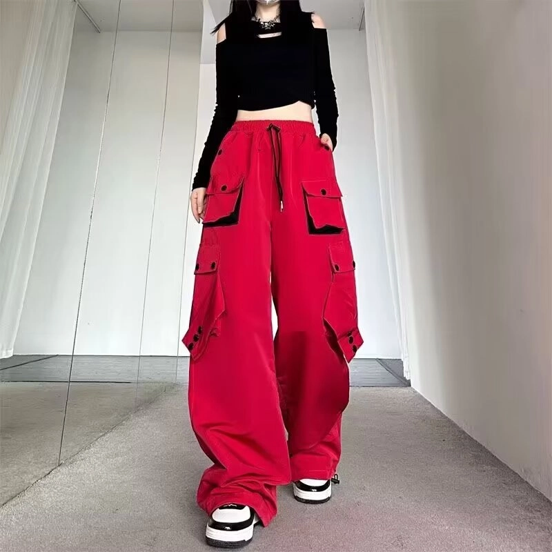 玉儿恋 美式纯色系带高腰宽松口袋工装裤 女款