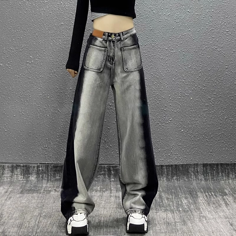 玉儿恋 美式高腰直筒高腰宽松牛仔裤 女款 黑灰色