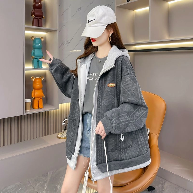 玉儿恋 纯色连帽假两件宽松夹克外套 女款