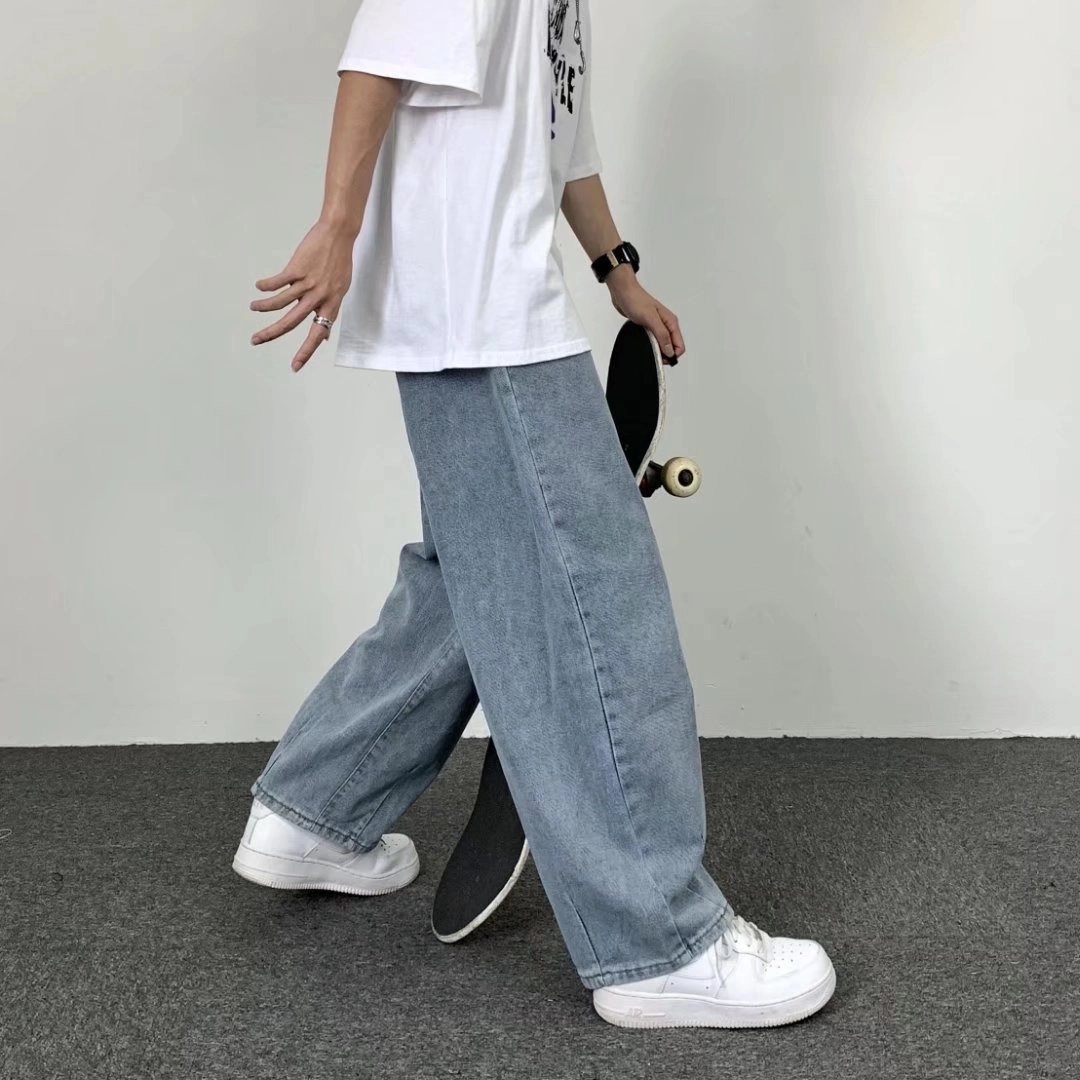 玉儿恋 港风做旧中腰宽松直筒复古拉链牛仔裤 男款
