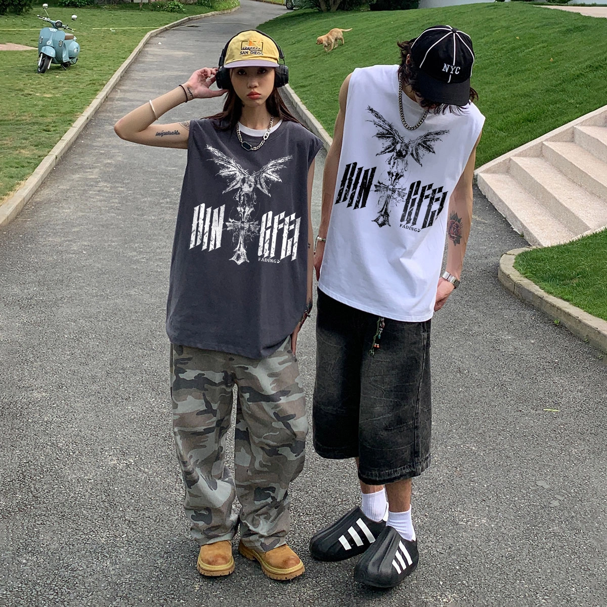 冰飞  美式潮牌破旧十字架字母印花纯色基础款简约设计感透气跑步篮球运动外穿休闲宽松套头无袖背心 男女同款