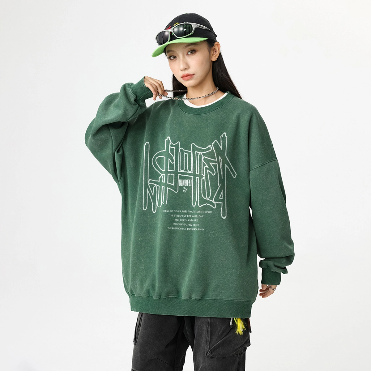 冰飞 美式复古学院风创意趣味镂空不规则字母图案印花宽松休闲舒适水洗做旧多巴胺配色春秋衣服潮牌潮流重磅长袖圆领卫衣 男女同款
