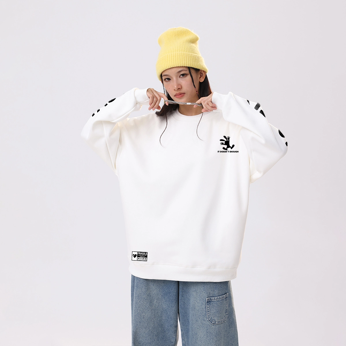 冰飞 美式复古高街创意趣味卡通动漫图案双臂字母印花宽松休闲舒适圆领套头秋衣服嘻哈街头学院风时尚重磅长袖卫衣 男女同款