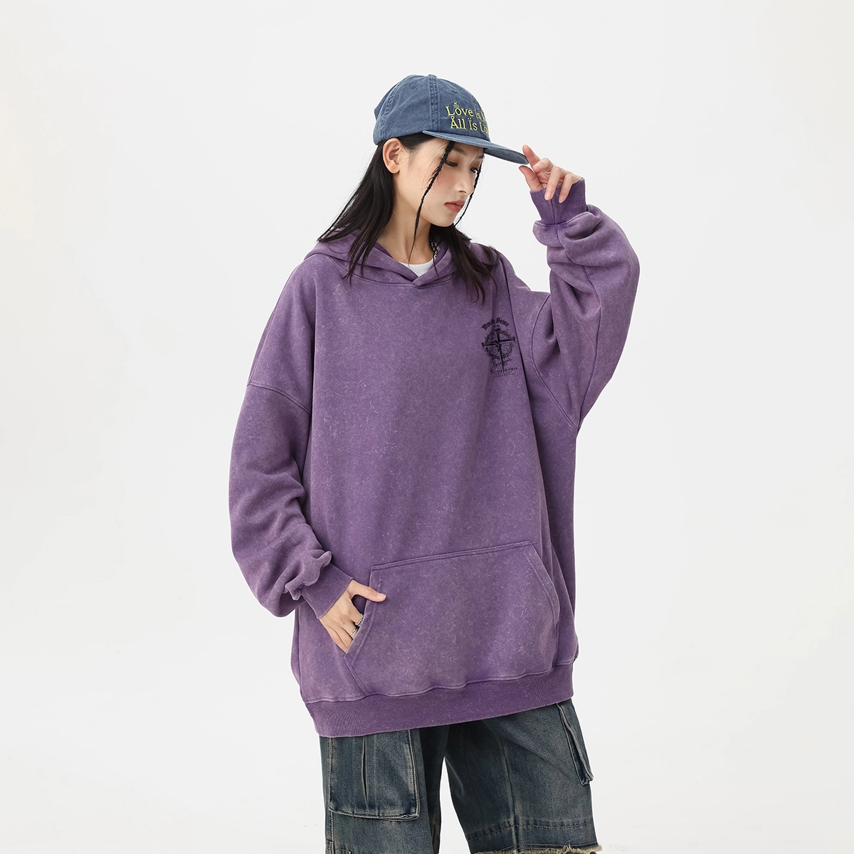 冰飞 美式复古潮流创意手绘废土风十字架图案字母印花宽松休闲舒适水洗做旧工艺上衣服嘻哈街头潮牌潮流百搭重磅长袖连帽卫衣 男女同款