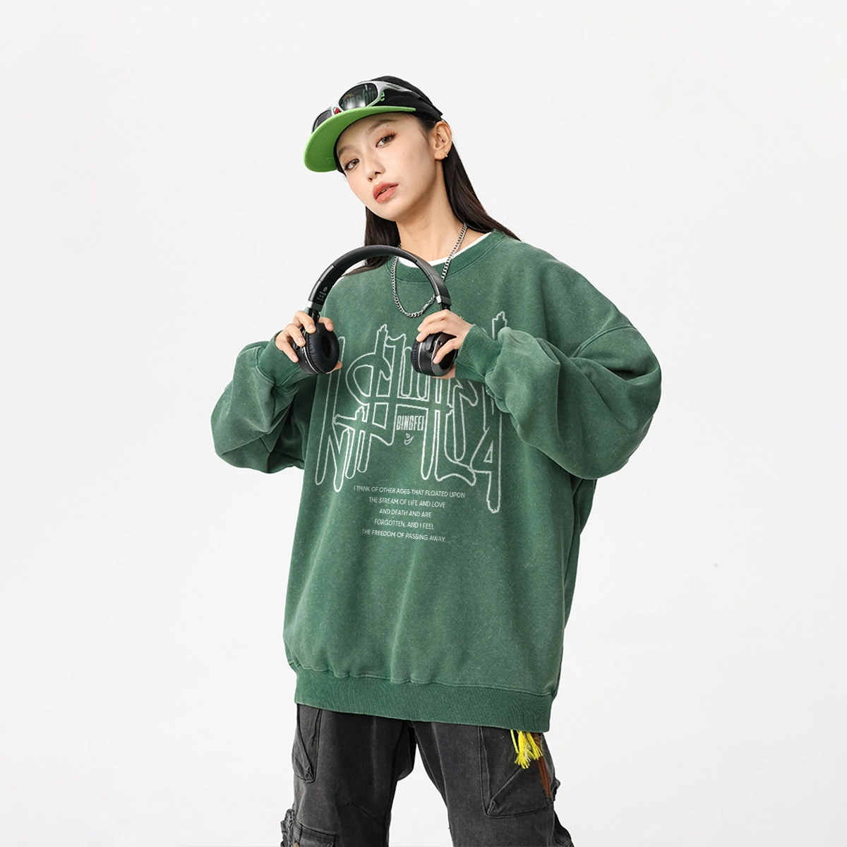 冰飞 美式复古学院风创意趣味镂空不规则字母图案印花宽松休闲舒适水洗做旧多巴胺配色春秋衣服潮牌潮流重磅长袖圆领卫衣 男女同款