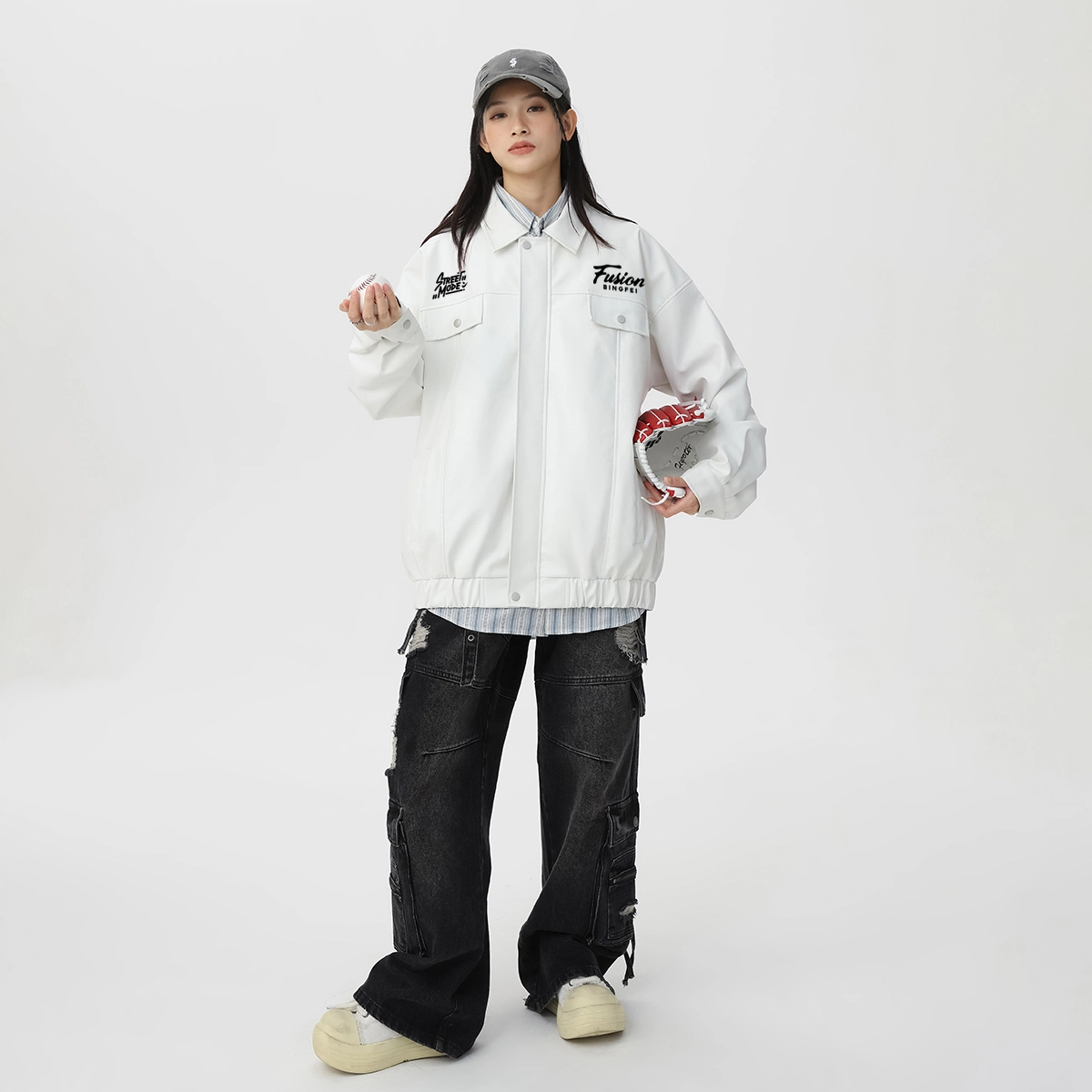 冰飞 美式复古简约基础款创意趣味手绘字母图案印花宽松休闲舒适多口袋翻领工装飞行员皮衣服学院风拼接设计潮牌潮流夹克外套 男女同款