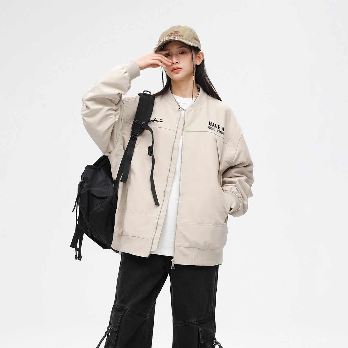 冰飞 美式潮牌学院风基础款拉链褶皱设计拼接小众高级感户外休闲宽松百搭夹克外套 通用