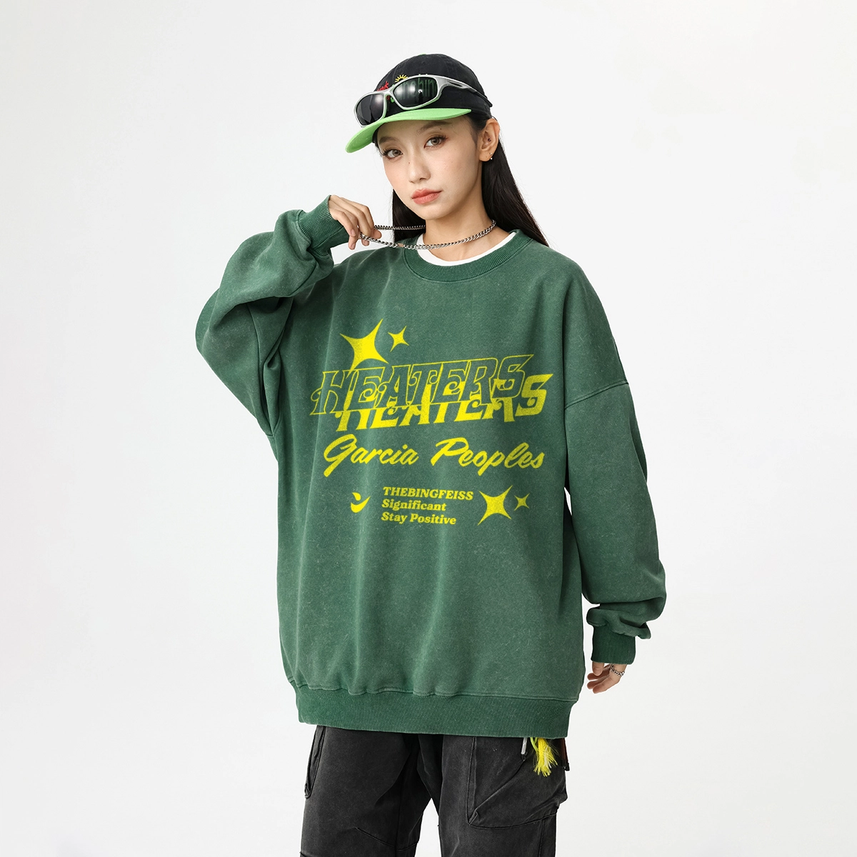 冰飞 美式复古创意趣味镂空字母星星图案印花水洗做旧宽松休闲套头落肩上衣服时尚潮流重磅百搭圆领卫衣 男女同款