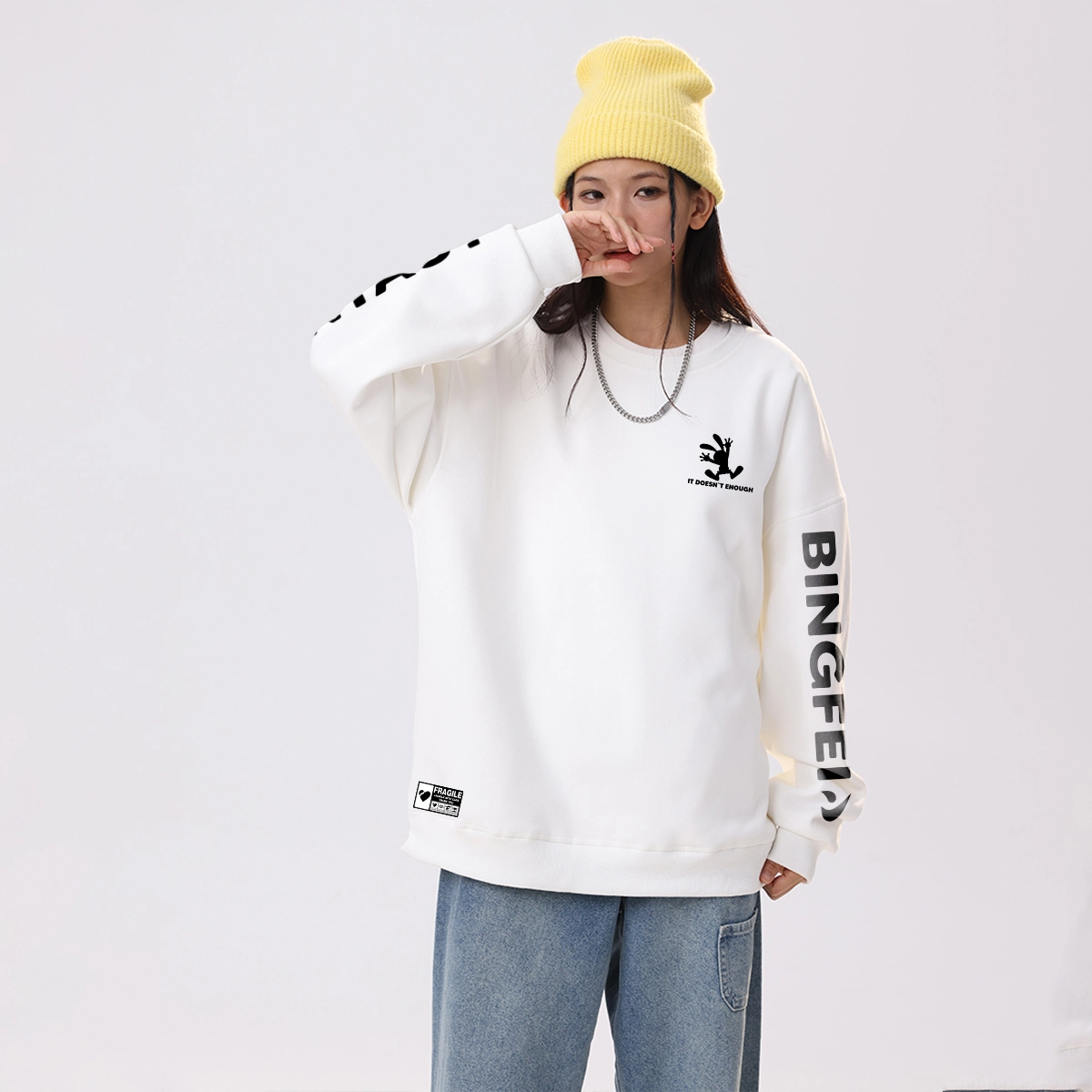 冰飞 美式复古高街创意趣味卡通动漫图案双臂字母印花宽松休闲舒适圆领套头秋衣服嘻哈街头学院风时尚重磅长袖卫衣 男女同款
