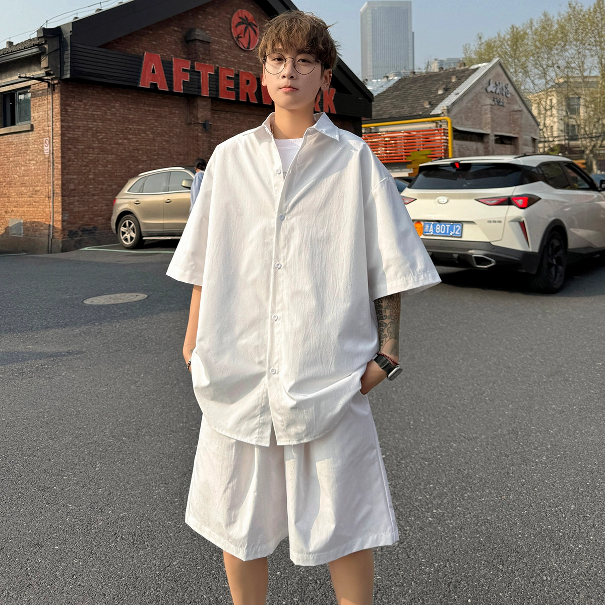 冰飞 美式复古学院风日系小清新无性别基础款宽松时尚简约满天星翻领短袖上衣潮流松紧腰直筒沙滩五分裤高级感衬衫套装 男女同款