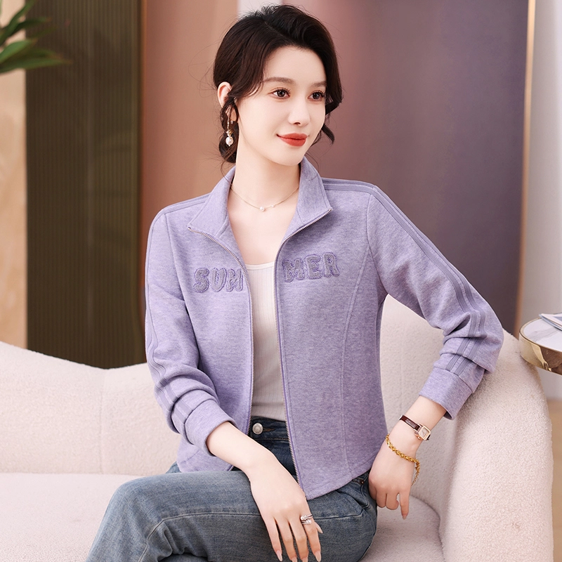 缪斯的诱惑 高质感时尚潮流简约洋气减龄美式复古风 纯色植绒钉珠条纹装饰运动休闲宽松百搭针织衫软壳衣柔软棒球上衣立领夹克开衫外套 女款