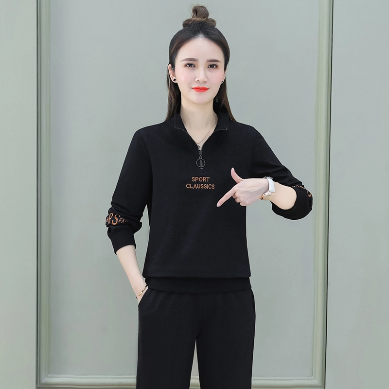缪斯的诱惑 春秋美式复古穿搭一整套优雅气质洋气减龄学院风简约纯色字母立领卫衣百搭高腰束脚长裤两件套时尚长袖上衣轻便运动休闲套装 女款