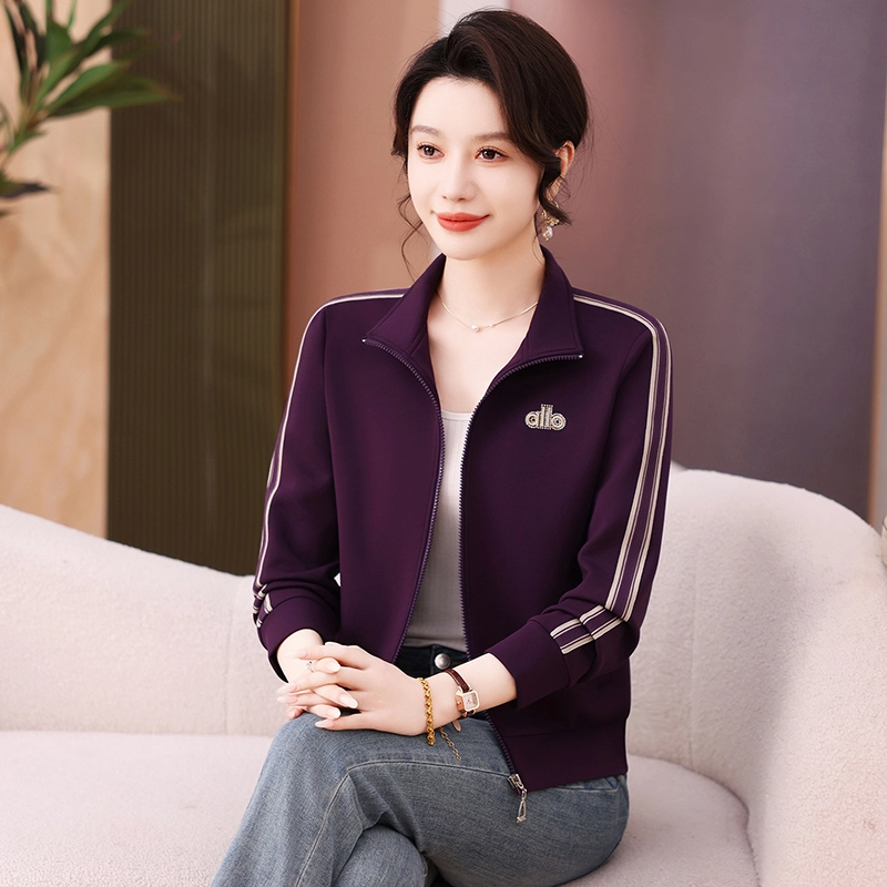 缪斯的诱惑 高质感时尚潮流洋气减龄美式复古风纯色条纹拼接烫钻绣标运动休闲宽松百搭通勤上衣简约针织衫柔软棒球开衫立领夹克外套 女款