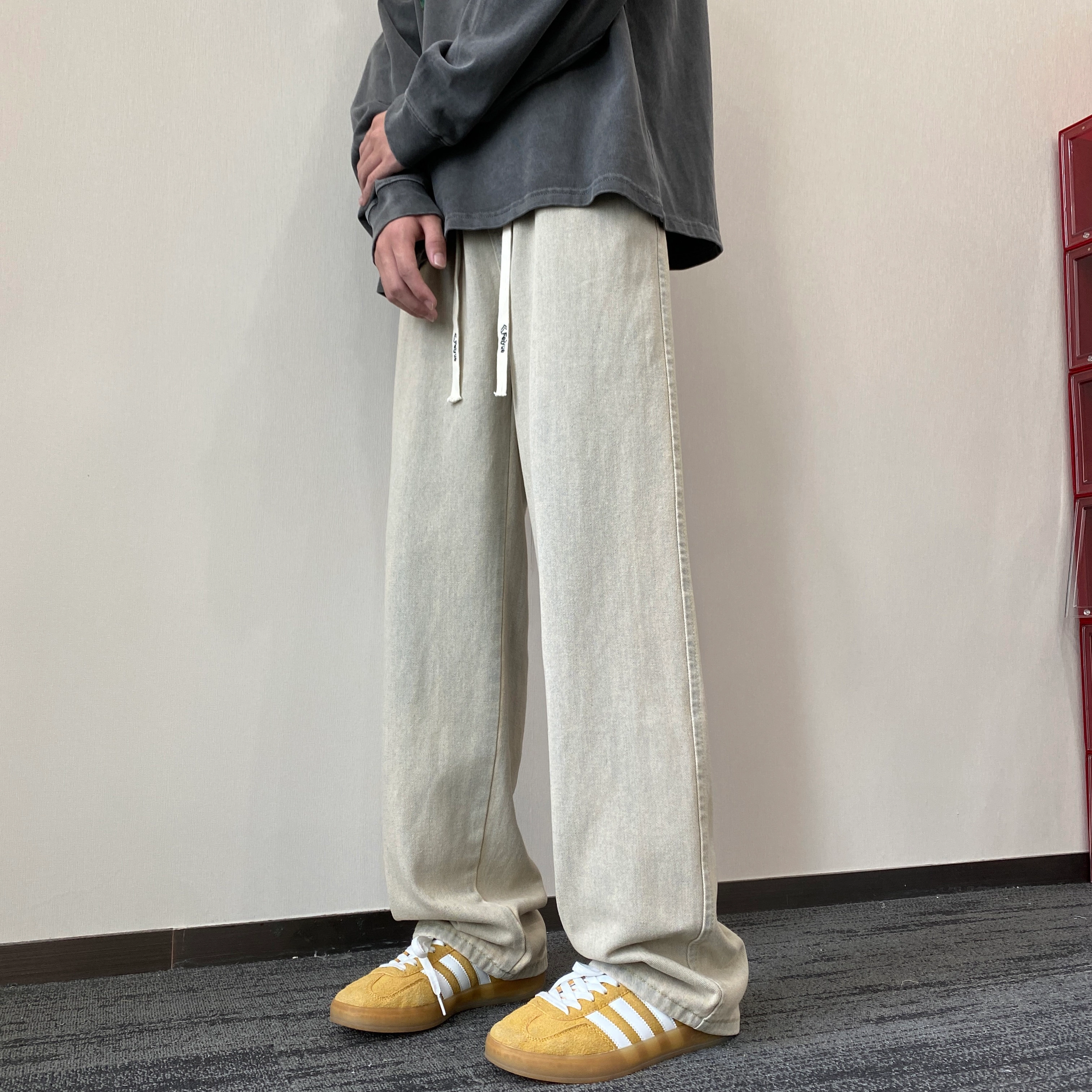 帝狼牛 美式高街复古废土风水洗做旧抽绳中腰系带刺绣宽松直筒舒适休闲牛仔裤 男女同款